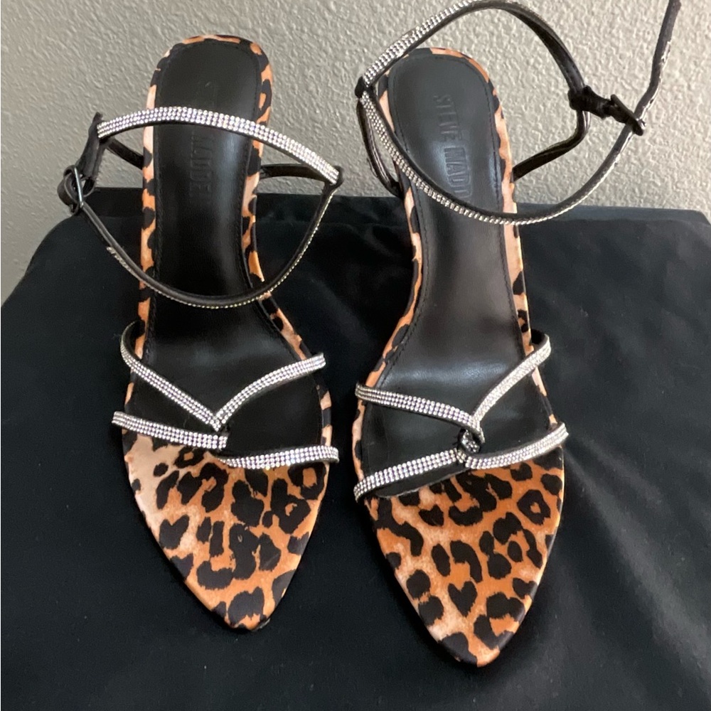 Steve Madden Black and Leopard Heels with Rhinestone Straps
